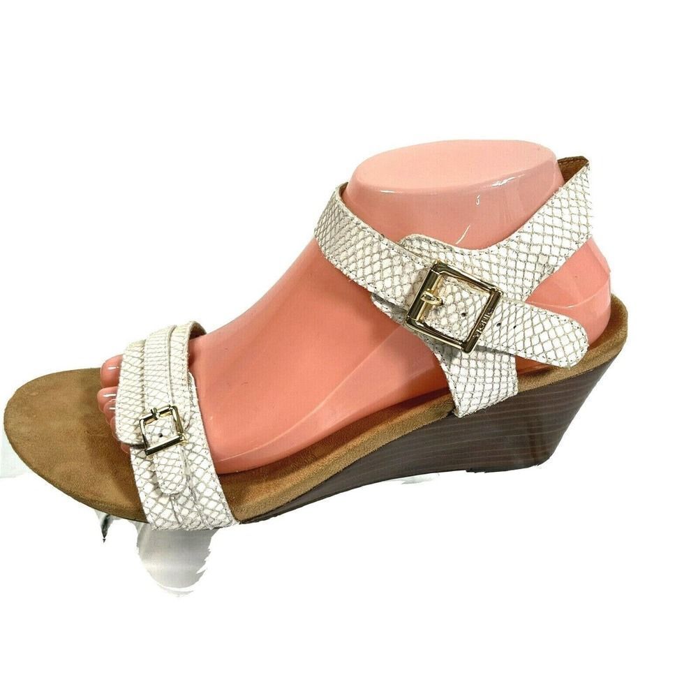 Vionic‎ White Sandals Size 10 Laurie Wedge Ankle Strap Buckle Snake Print